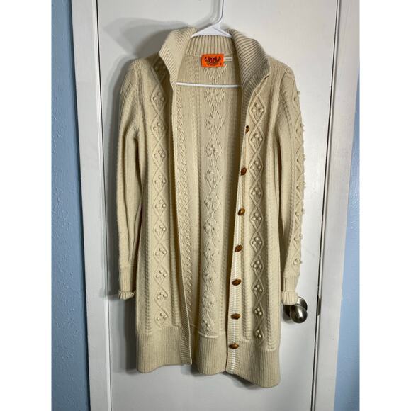 Y2K Juicy Couture Cardigan Sweater Small Cream Merino Wool Cable Knit Fishermen - Picture 2 of 7